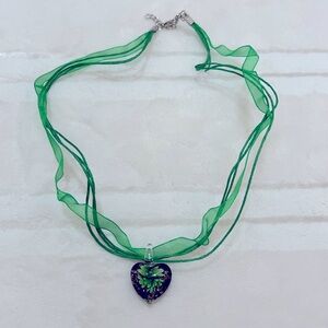 Glass Heart Green Flower Blossom Pendant Necklace on Green Ribbon Cord